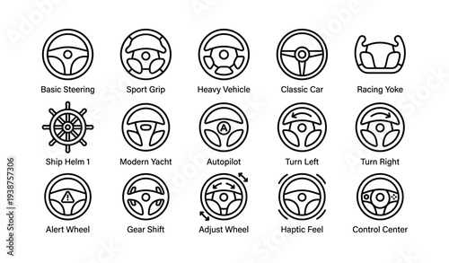 Variety of steering wheel designs featuring sport, classic, modern, and autopilot styles