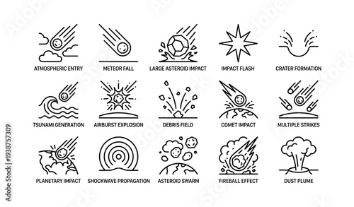 Natural disaster icons: meteor impact, tsunami, airburst, crater, fireball