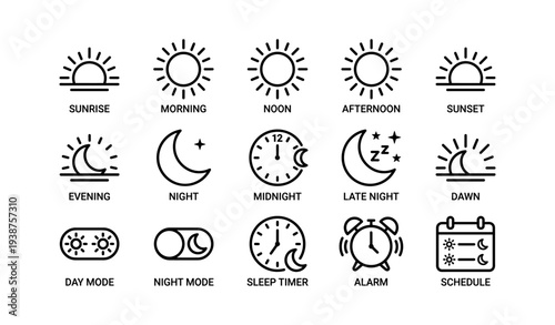 Day and night icons: sunrise, noon, midnight, alarm, schedule symbols