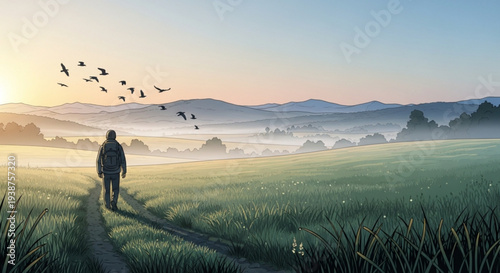 Man walking alone on a dirt path through a serene green field with birds flying overhead at sunrise or sunset