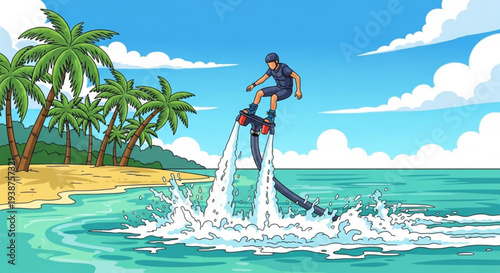 Man flying on a jet powered water board above turquoise ocean waves near a tropical beach with palm trees and clear blue sky with white clouds