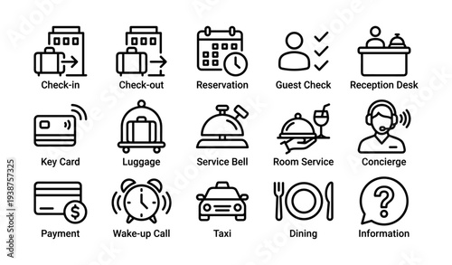 Hotel icons: check-in, luggage, concierge, dining, taxi service symbols