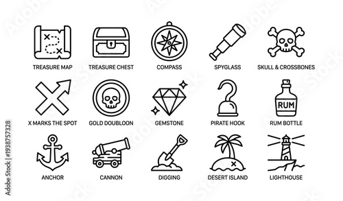 Pirate treasure icons: maps, chests, and nautical symbols