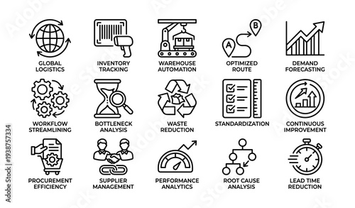 Logistics and supply chain icons: automation, efficiency, optimization, and management