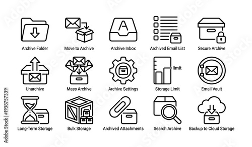 Archive and storage icons: email, cloud, security, folder, gear symbols