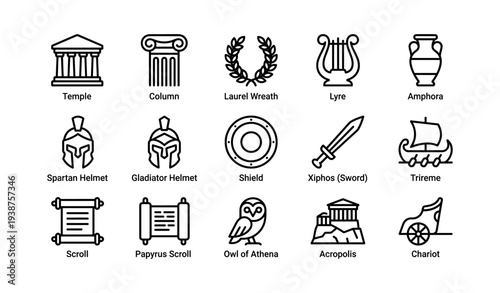 Ancient greek symbols collection with helmets, weapons, and musical instruments