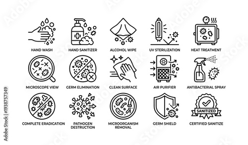 Sanitization icons: hand wash, sanitizer, uv, germ shield, antibacterial spray