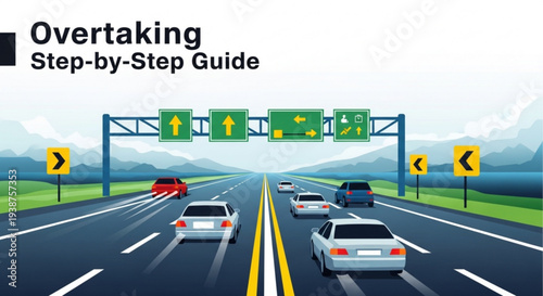 Overtaking guide illustration with cars on highway and signs showing step by step instructions for safe passing maneuvers