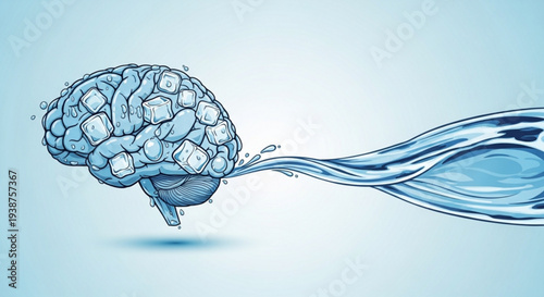 Human brain illustration with flowing liquid symbolizing ideas and creativity on a light blue background with soft shadows and detailed