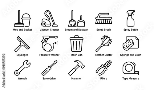 Set of cleaning and maintenance tools icons on white background