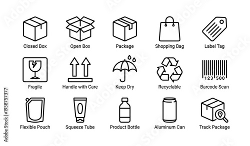 Package icons set: boxes, bags, and labels for shipping and handling
