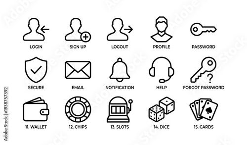 User interface icons for account actions and security features