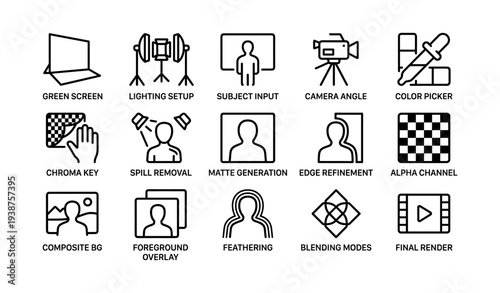 Icon set for video editing: green screen, lighting setup, camera angle, spill removal, blending modes
