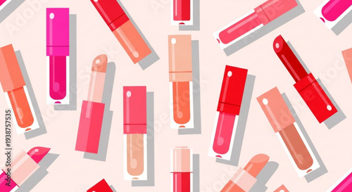 Collection of assorted lipsticks in various shades of pink and red scattered on white background vibrant colors beauty products cosmetics