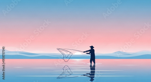 Man standing in calm water casting fishing net at serene dusk with pink and blue sky reflection
