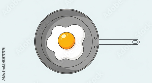 Fried egg in a gray pan with handle simple digital illustration breakfast concept light background