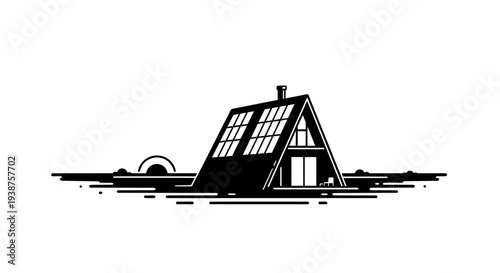 Minimalist A-frame house vector illustration featuring rooftop solar panels and abstract horizon