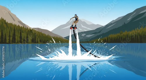 Woman water skiing on a serene lake surrounded by mountains and lush forest under a clear blue sky with perfect reflection