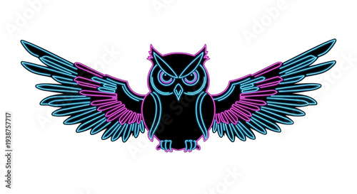 Striking Neon Owl Design with Dynamic Spread Wings and Vibrant Electric Glow Effect Vector Art