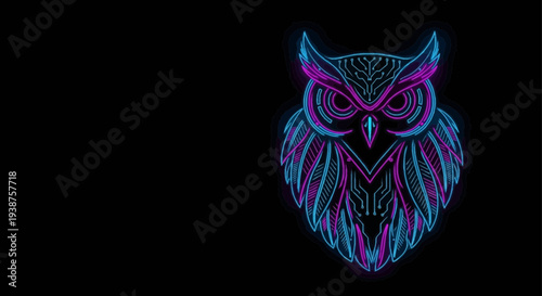 Intricate Neon Owl Art Illuminating the Darkness with Futuristic Circuitry Patterns in Blue and