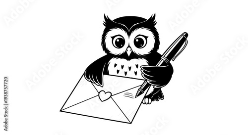 Wise feathered messenger writing a heartfelt note, holding an elegant pen and a love letter