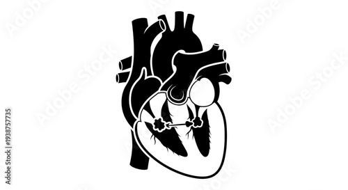 Detailed monochrome diagram showing the complex internal anatomy of the human heart organ,