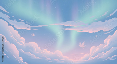 Dreamy sky with soft pink and blue clouds ethereal light rays and three white birds in serene atmosphere perfect for spiritual or fantasy