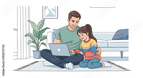 Father and child sitting on floor using laptop together at home