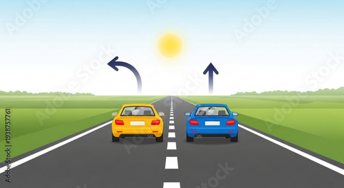 Two cars on a road with arrows indicating different directions one turning left and the other going straight in a green landscape