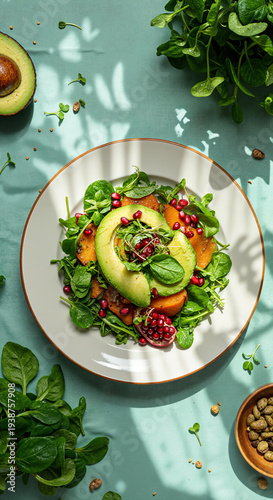 Healthy green salad with avocado pomegranate and spinach on green cloth with sun shadows