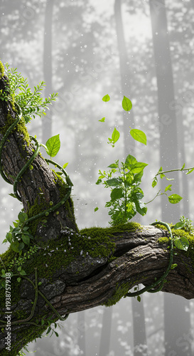 Magical forest scene with mossy tree trunk green vines and floating leaves in thick mist