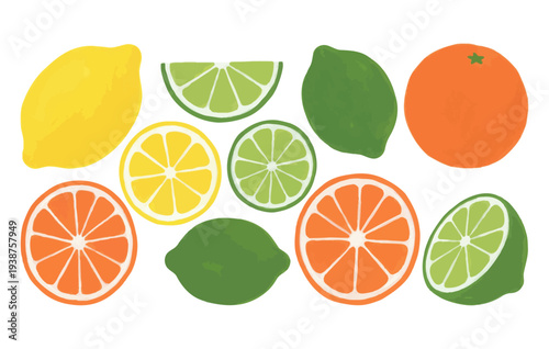 Assorted citrus fruits painted in watercolor on transparent background