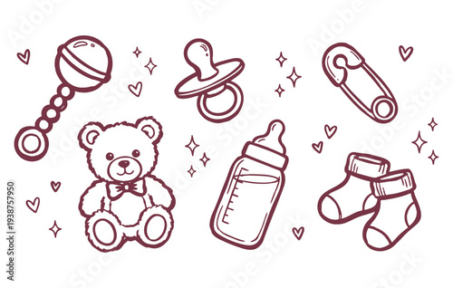 Baby accessories hand drawn outline set isolated on transparent background