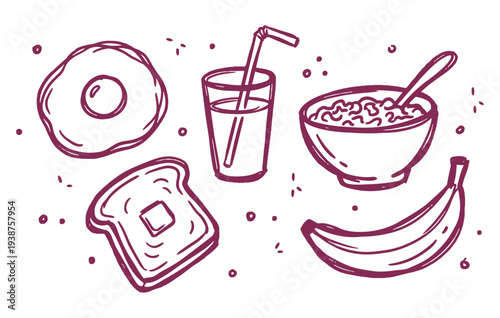 Breakfast outline drawing set isolated on transparent background