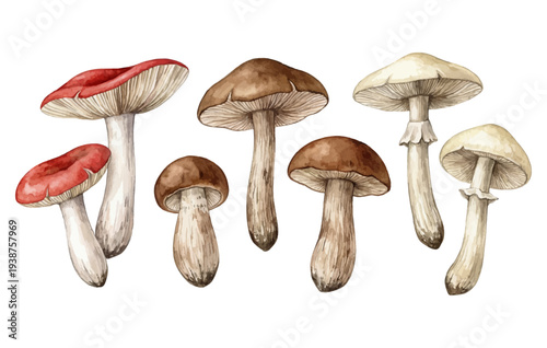 Group of forest mushrooms painted in watercolor on transparent background