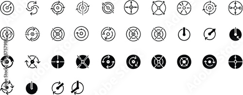 Collection of black circular with arrows and rotation symbols on a white background