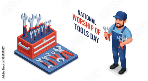 Illustration of a handyman standing beside a toolbox and tools arrangement celebrating National Worship of Tools Day with a design concept.