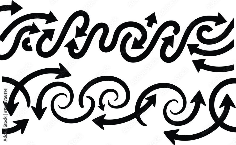 Fototapeta premium Collection of Black Swirling Arrows and Curls on White Background (92