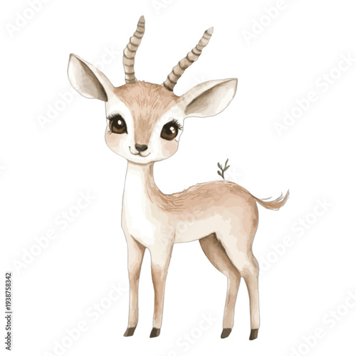 Cute baby gazelle with horns, watercolor nursery safari animal vector
