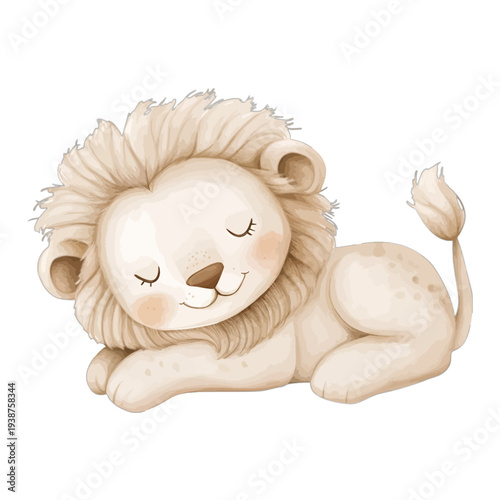 Watercolor illustration of a cute baby lion sleeping, adorable safari animal cub clipart for nursery decor, isolated on white background