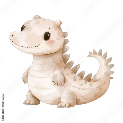 Watercolor illustration of a cute baby crocodile sitting, adorable spotted safari reptile clipart for nursery decor, isolated on white background
