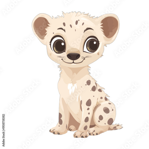 Watercolor illustration of a cute baby hyena sitting, adorable spotted safari animal clipart for nursery decor, isolated on white background
