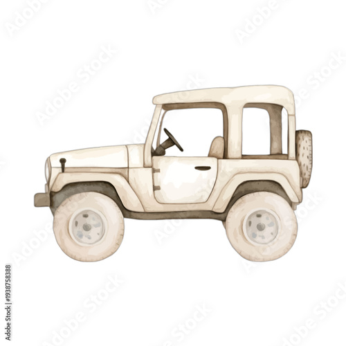 Off-road safari jeep in cream, watercolor nursery vector illustration