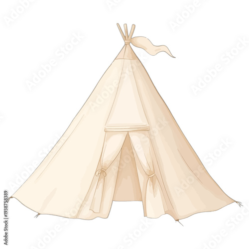 Boho kids teepee tent with flag, watercolor nursery vector illustration