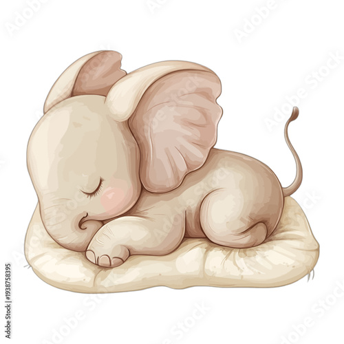 Watercolor illustration of a cute baby elephant sleeping on a pillow, nursery animal clipart for kids, isolated on white background