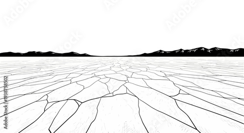 Expansive Cracked Earth Landscape Under Distant Mountains Minimalist Black and White Vector Graphic