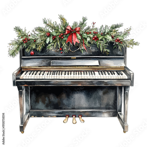 Watercolor illustration of a vintage upright piano decorated with Christmas garland, red berries and bow, festive musical instrument clipart, isolated on white background