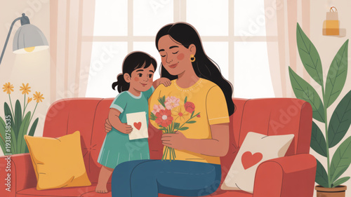 Mother and daughter sharing a heartwarming moment on the couch with flowers and valentine's day card