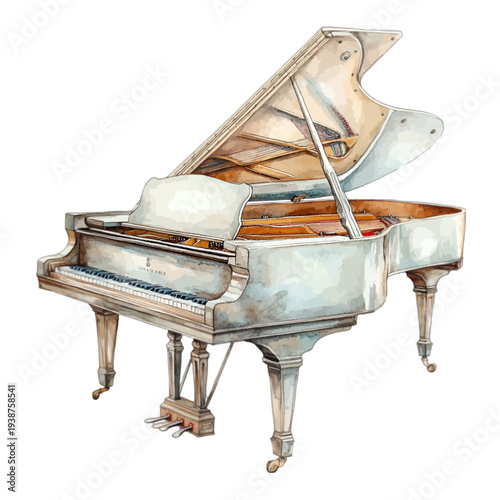 Elegant white grand piano, watercolor musical instrument vector illustration