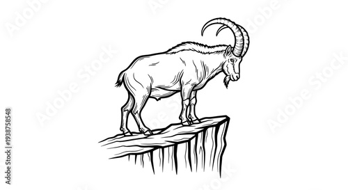 Majestic Ibex Standing Strongly Atop a Rugged Mountain Cliff Edge Vector Artwork